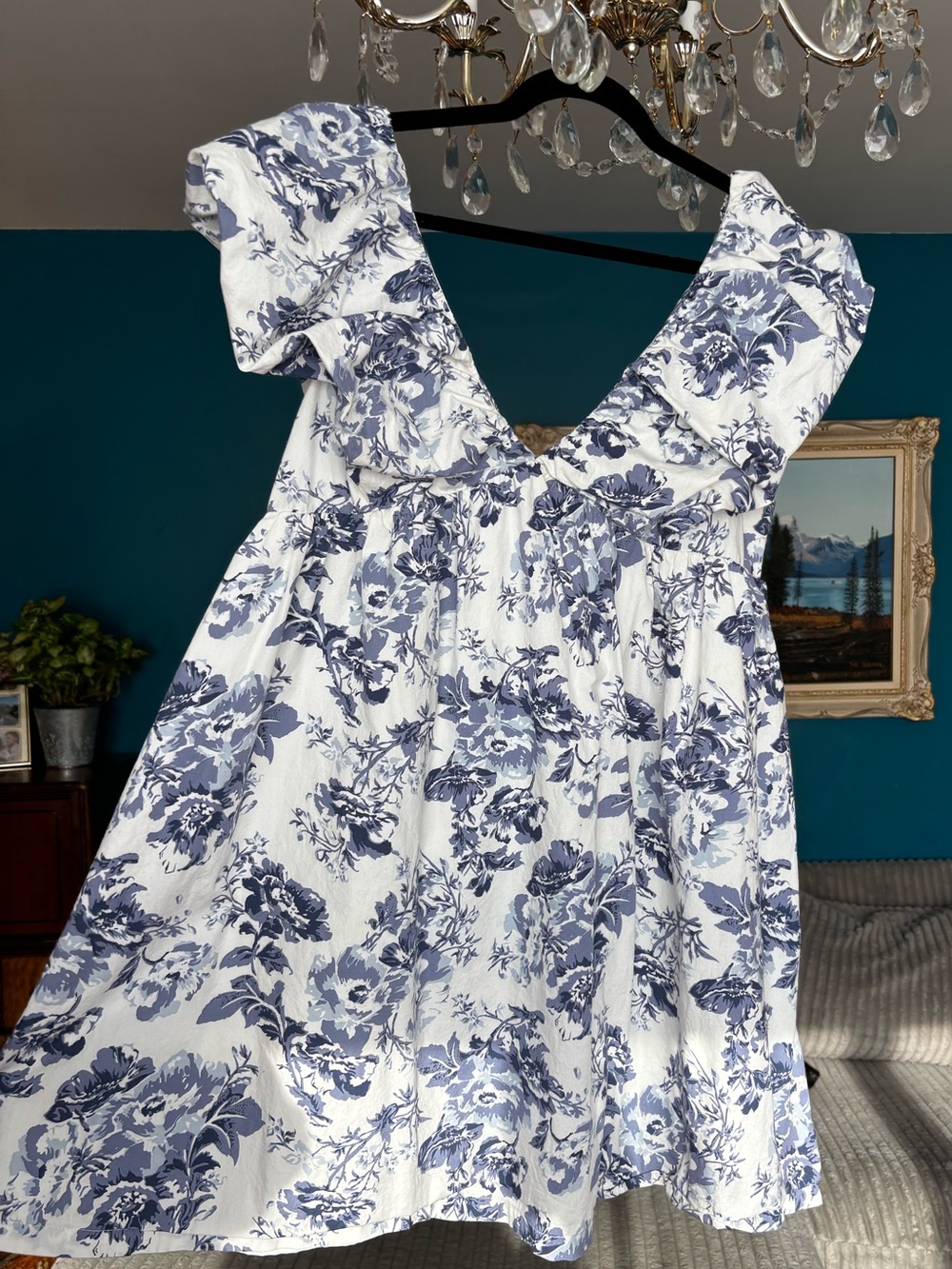 o.p.t Blue White Floral Toile Empire Waist Babydoll Mini Dress Size XL
